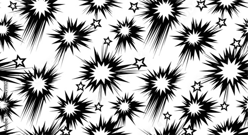 Dynamic black and white starburst and star pattern, reminiscent of comic book or manga explosion effects, creating an energetic abstract background.