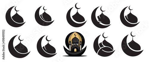 Collection of islamic mosque and crescent moon icons with islamic art, moon icon