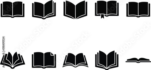 Open book icon set. Features various book positions including open, closed, and with a bookmark. Solid black vector icons for education, learning, and knowledge concepts.