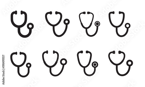 Stethoscope icon set: medical and healthcare symbols with black and white