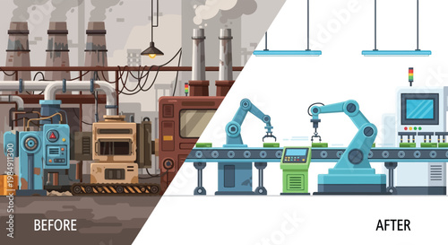 A stark contrast depicts a factory s transformation from outdated to modern showcasing industrial progress as a silhouette high quality professional detailed