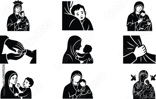 Sammlung von neun Schwarz-Weiß-Ikonen, die Mutterschaft, Kinderbetreuung und religiöse Darstellungen von Maria mit Kind zeigen.