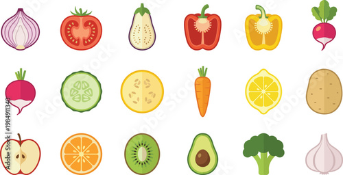 Fresh Vegetable and Fruit Icon Set with Onion, Tomato, Eggplant, Pepper, Radish, Cucumber, Carrot, Lemon, Potato, Apple, Orange, Kiwi, Avocado, Broccoli, and Garlic