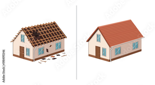 A visual comparison of a damaged and repaired house roof showcasing structural integrity silhouette high quality professional detailed modern elegant stylish