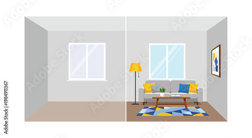 A minimalist living room interior with a sofa lamp and rug depicted as a flat geometric silhouette high quality professional detailed