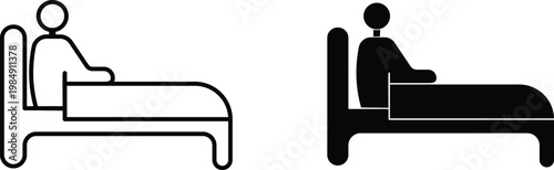 Patient in hospital bed icon set, medical clinic patient resting in bed vector, healthcare and nursing facility symbols for signage and wayfinding