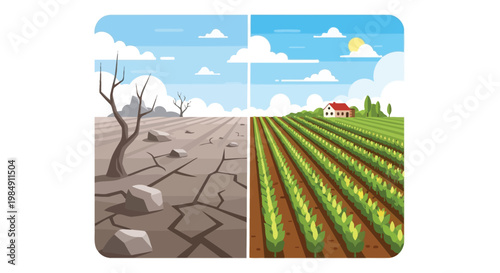 A divided landscape depicts environmental contrast with a barren wasteland and flourishing fields presented as a stark silhouette high quality professional