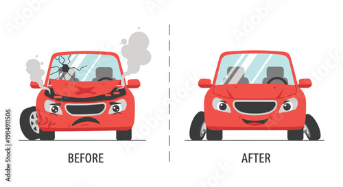 A comical depiction of a car crash showing before and after states presented in a bold silhouette high quality professional detailed