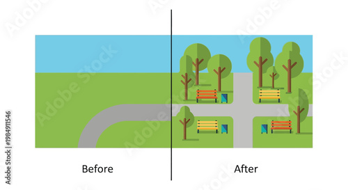 A comparative park scene showcasing improvements with a distinct black silhouette dividing the before and after views high quality professional detailed