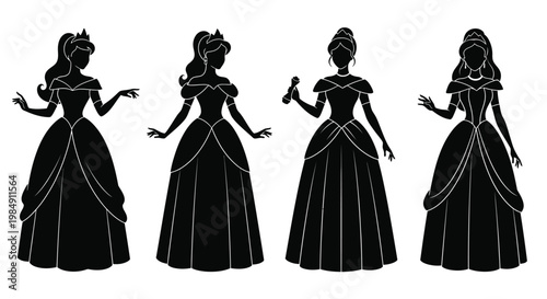 Four elegant princess figures showcased in a dramatic black silhouette