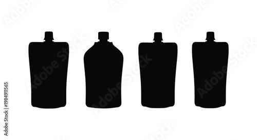 Four black pouch containers displayed in a stark minimalist silhouette