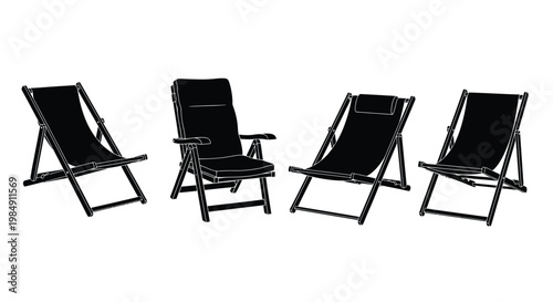 Four black beach chairs arranged in a row simple silhouette