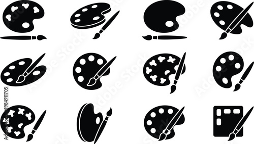 Sammlung von zwölf schwarzen Silhouetten-Icons, die Künstlerpaletten und Pinsel in verschiedenen Formen darstellen.