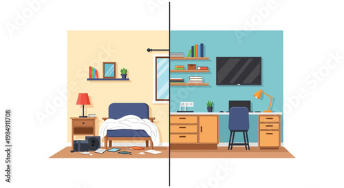 A split illustration depicts a contrast between a cluttered and organized room showcasing domestic life in silhouette high quality professional detailed