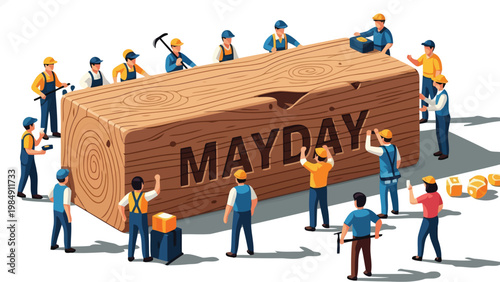 Labor day isometric miniature workers building wooden mayday sign vector art