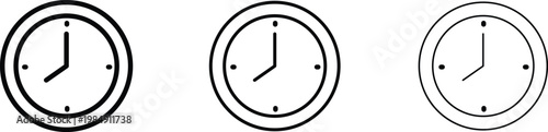 Minimalist clock icon set in three line weights, round wall clock vector illustrations, simple time management symbols for web and app design