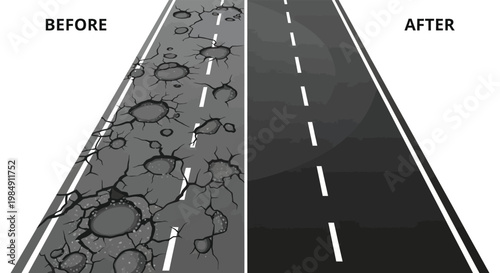 A before and after comparison shows road repair contrasting damaged pavement with a smooth newly surfaced road silhouette high quality professional detailed modern