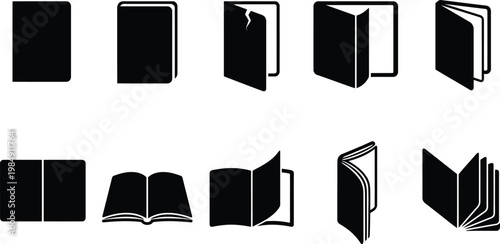 Sammlung von Buchsymbolen, die verschiedene Öffnungszustände und Perspektiven zeigen.