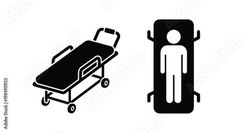 Medical equipment icons depicting a stretcher and patient flat silhouette