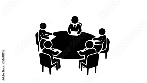 Business meeting icon with team sitting around round table for collaboration discussion brainstorming strategy planning corporate negotiation and group communication in office environment.