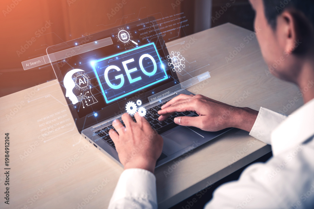 Obraz premium Digital marketing concept featuring GEO strategy. Generative AI search visual shows GEO interface integrating intelligence, logic, and AI input system for prompt tasks. Corpus