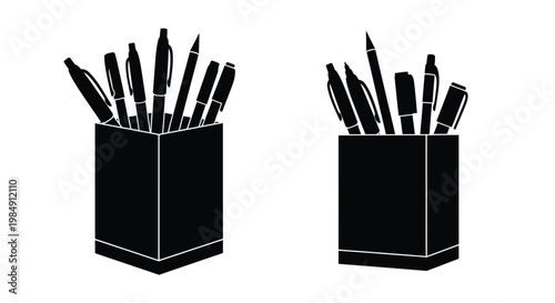 Two containers filled with writing tools depicted in silhouette