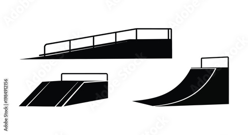 Skate park ramps in a stark black outline silhouette