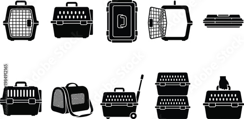 Detaillierte Silhouette Vektor Icon Sammlung verschiedener Transportboxen für Haustiere, Hunde und Katzen, ideal für sicheres Reisen, Tierarztbesuche und komfortablen Tiertransport im professionellen 