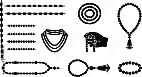 Verschiedene Silhouetten von Gebetsketten und Perlensträngen, einschließlich Rosenkränzen, Tasbihs und Halsketten, in Schwarz-Weiß-Darstellung.