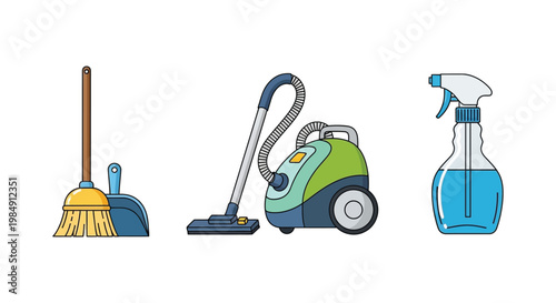 A colorful illustration depicts common household cleaning tools including a broom vacuum and spray bottle silhouette high quality professional detailed modern