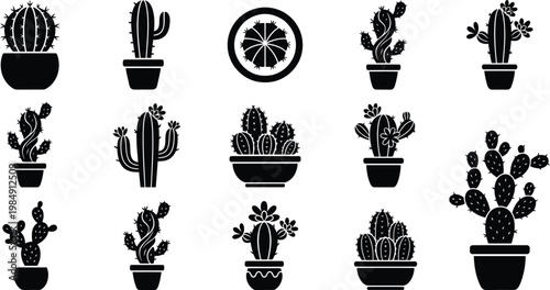 Sammlung von Kakteen-Silhouetten in Töpfen, verschiedene Formen und Größen, einige mit Blüten, ideal für Design und Dekoration.