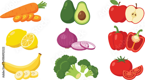 Fresh Fruit and Vegetable Icon Set with Carrot, Avocado, Apple, Lemon, Onion, Pepper, Banana, Broccoli, and Tomato for Healthy Food Design