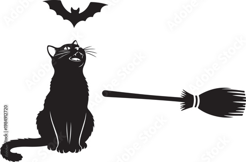 A black cat looking up at a bat with a broom