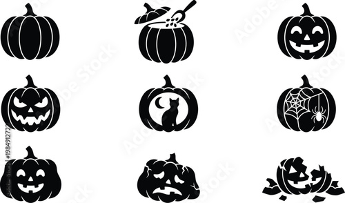 Verschiedene schwarze Kürbis-Silhouetten für Halloween-Dekorationen und gruselige Motive.