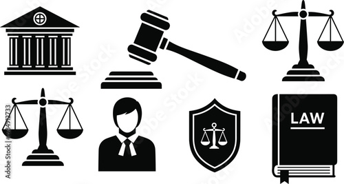 Law and justice icon set with gavel scales courthouse and law book flat vector symbols for legal services