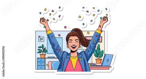 Woman celebrating success with arms raised in office