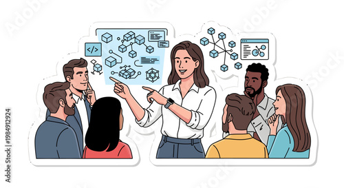 woman explaining business concepts to colleagues with diagrams