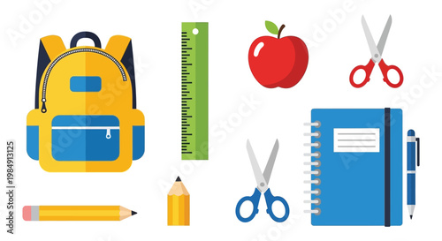 A colorful arrangement of school supplies including a backpack ruler apple and scissors silhouette high quality professional detailed modern elegant
