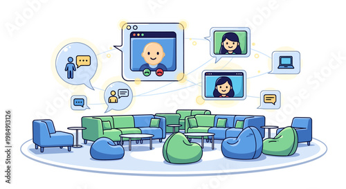 Remote team meeting in a modern lounge with video calls