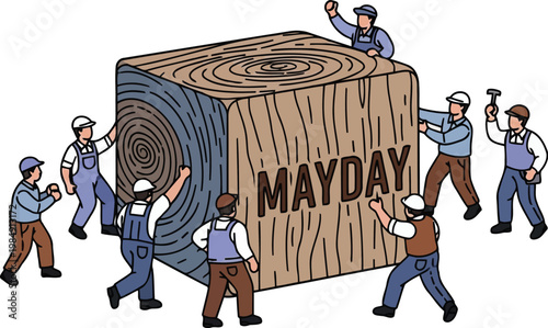 Mayday workforce pushing heavy wooden cube isometric vector illustration