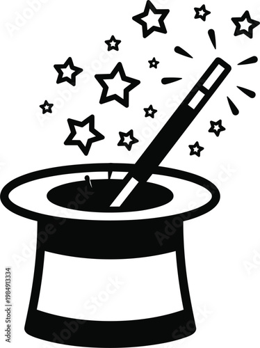 Magic top hat and wand vector illustration with sparkling stars for magician performances and theatrical show logos