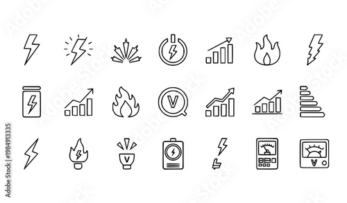 Electricity and energy performance outline icon set with power growth flame spark voltage and efficiency chart symbols