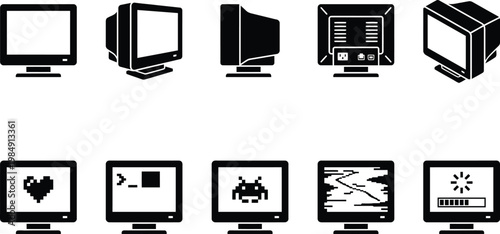 Sammlung von Computermonitor-Symbolen mit verschiedenen Bildschirminhalten und Ansichten.