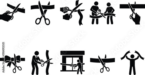 Scheren schneiden Bänder bei Eröffnungszeremonien und feierlichen Anlässen, dargestellt als Piktogramme.