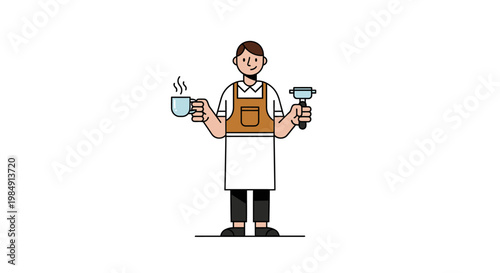 Barista holding coffee cup and portafilter graphic illustration on white
