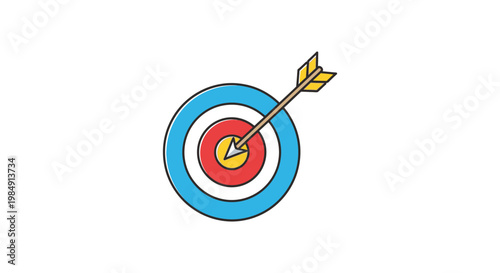 A colorful target with an arrow hitting the bullseye depicted as a simple flat design silhouette high quality professional detailed modern