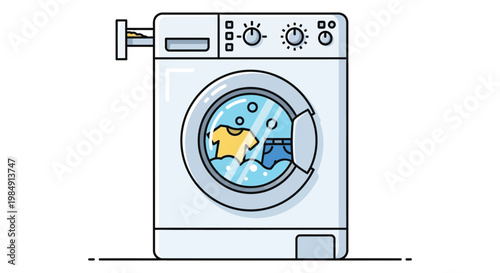 A colorful illustration depicts a front loading washing machine with clothes inside presented as a silhouette high quality professional detailed modern elegant