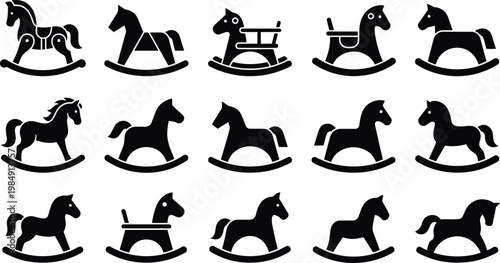 Sammlung von schwarzen Silhouetten verschiedener Schaukelpferde auf weißem Hintergrund.