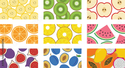 Fruit Seamless Pattern Set with Banana, Kiwi, Apple, Citrus, Watermelon, Fig, Plum, Papaya, and Dragon Fruit for Fresh Food Backgrounds and Textile Design