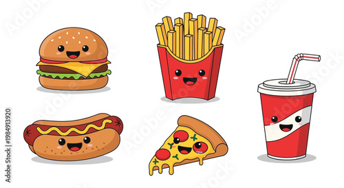 Charming cartoon illustrations depict a burger fries hotdog pizza and soda with cute faces embodying fast food delight silhouette